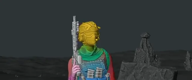 A soldier in her skin weights, one colour per bone.