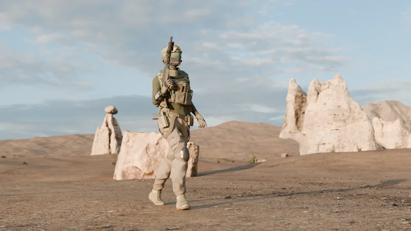 同一项目里的一张 Cycles 静帧：士兵在峡谷里迈步。