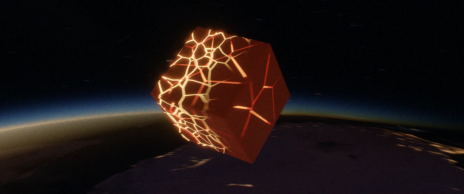 《The Entity》成片：日出时分，橙色的 3D-Agent 方块悬在行星的夜面之上。