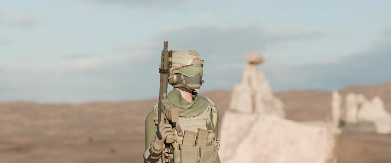 一名士兵走过沙漠,同一帧的三种视图:带骨架的网格、线框和 Blender 动画