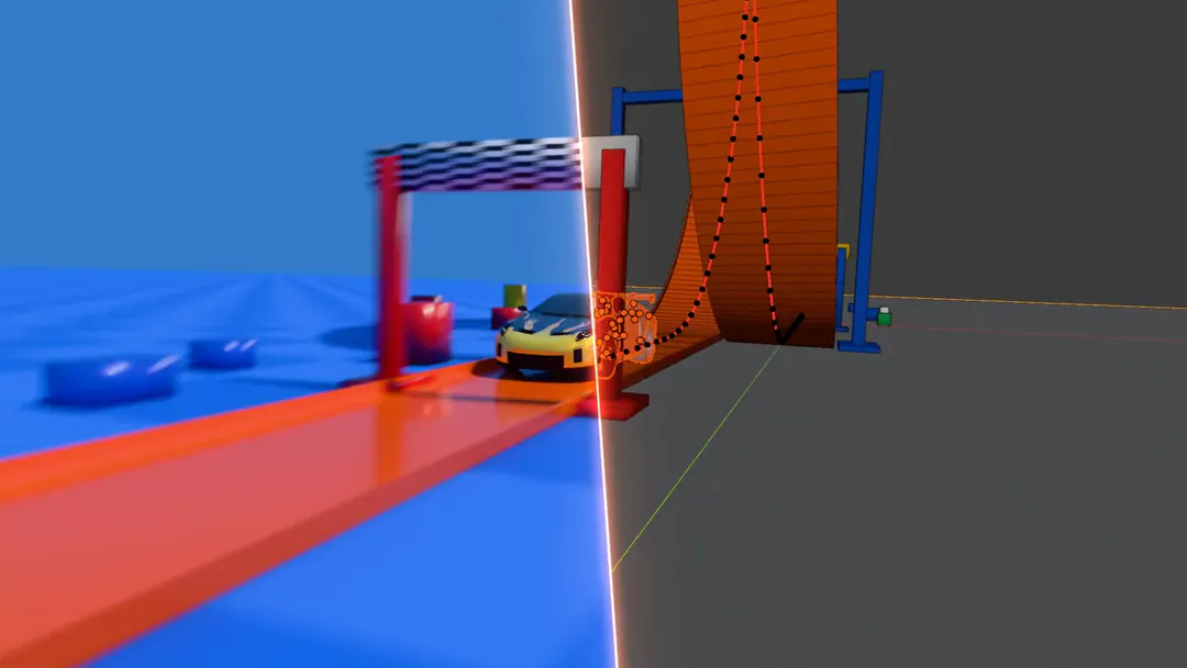 The flames car runs an orange toy track and its loop while scan-line wipes take the same shot from the render to the clay mesh, the wireframe and the Blender viewport with the car's motion path, then back to the render.