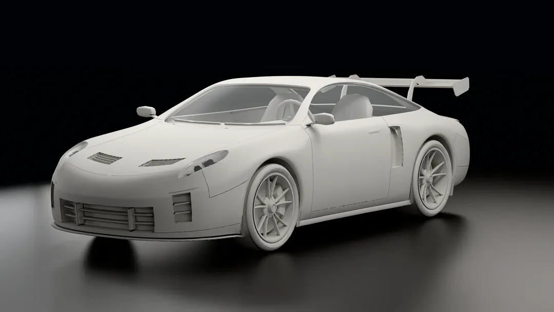The game-ready coupe in plain gray clay, in the studio, from the camera of the first renders.